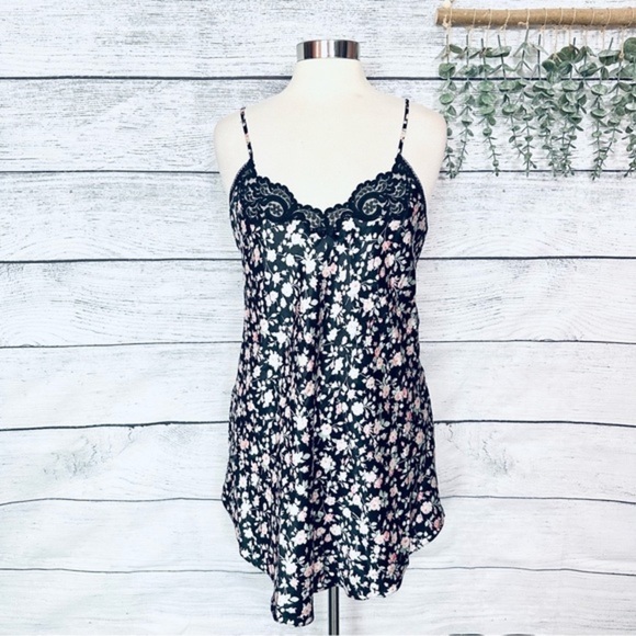 Vintage Other - Vintage Linda Bis Satin Black Floral Nightgown Chemise Lace Nightie Size Medium